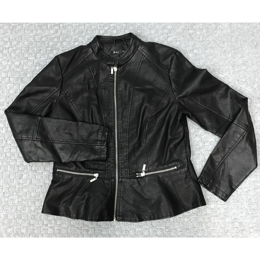 Baccini Jacket Womens Medium Black Faux Leather Moto Zip Up Peplum Biker Fitted